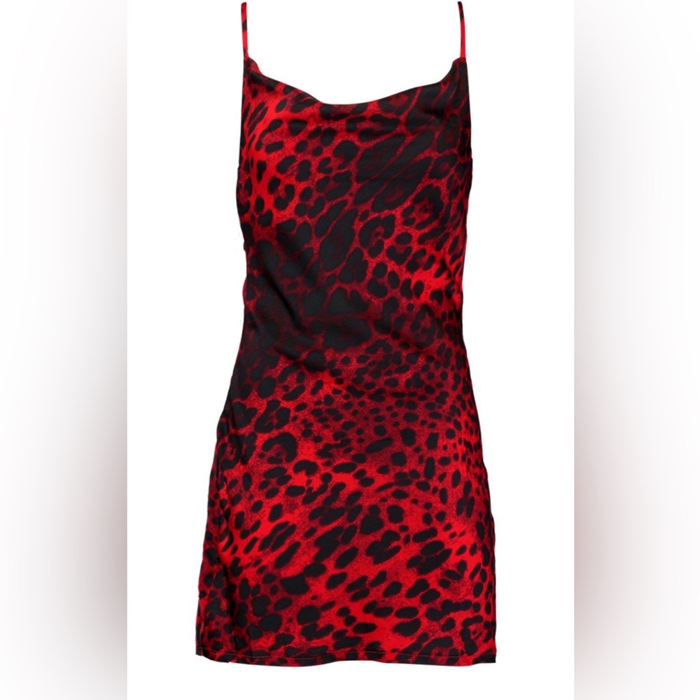 SATIN RED LEOPARD MINI BOOHOO DRESS